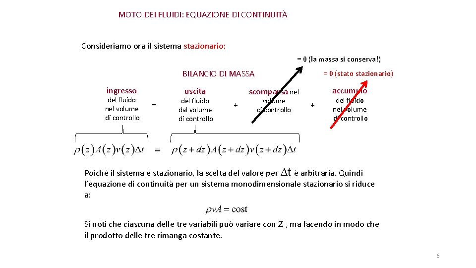 MOTO DEI FLUIDI: EQUAZIONE DI CONTINUITÀ Consideriamo ora il sistema stazionario: = 0 (la