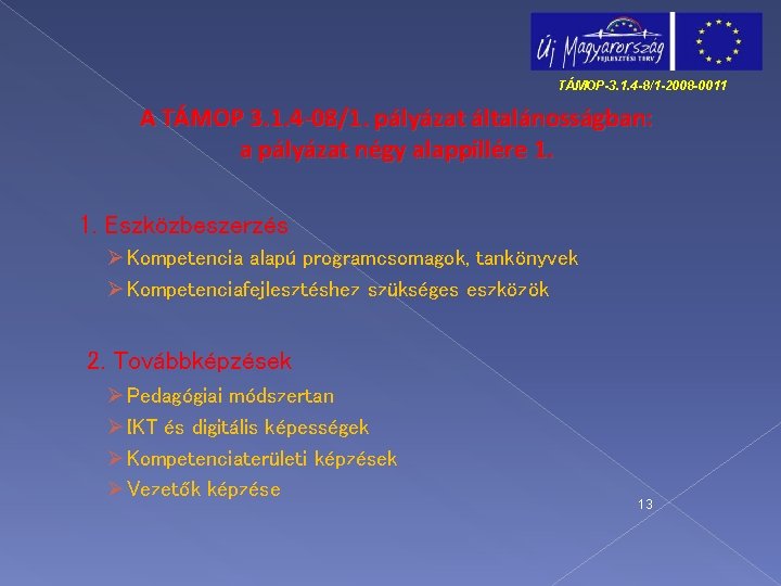 TÁMOP-3. 1. 4 -8/1 -2008 -0011 A TÁMOP 3. 1. 4 -08/1. pályázat általánosságban: