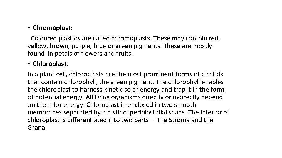 • Chromoplast: Coloured plastids are called chromoplasts. These may contain red, yellow, brown, • Chromoplast: Coloured plastids are called chromoplasts. These may contain red, yellow, brown,