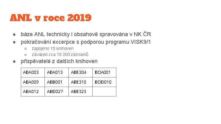 ANL v roce 2019 ● báze ANL technicky i obsahově spravována v NK ČR