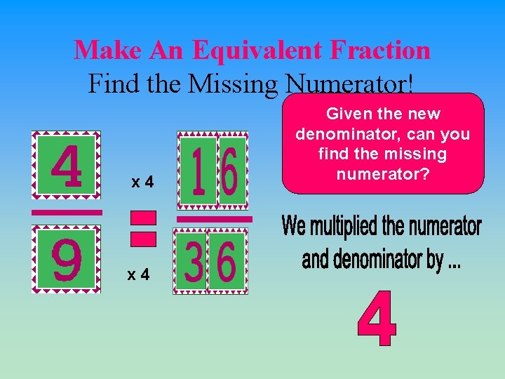 Make An Equivalent Fraction Find the Missing Numerator! x 4 Given the new denominator,