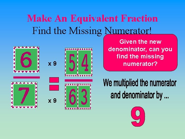 Make An Equivalent Fraction Find the Missing Numerator! x 9 Given the new denominator,