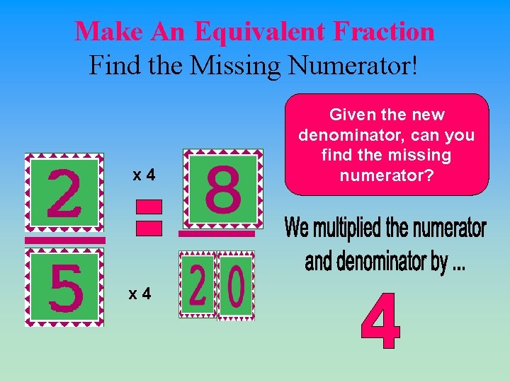 Make An Equivalent Fraction Find the Missing Numerator! x 4 Given the new denominator,