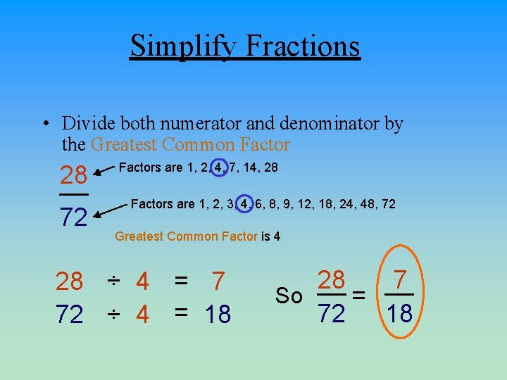 Simplify Fractions • Divide both numerator and denominator by the Greatest Common Factor 28