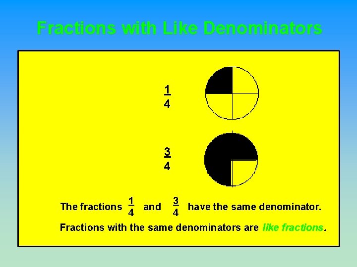 Fractions with Like Denominators 1 4 3 4 1 3 and have the same