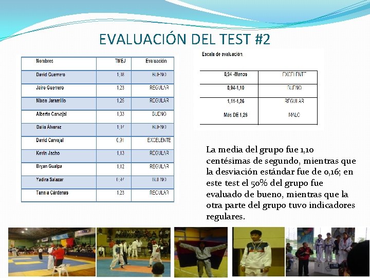 EVALUACIÓN DEL TEST #2 La media del grupo fue 1, 10 centésimas de segundo,