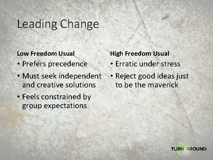 Leading Change Low Freedom Usual High Freedom Usual • Prefers precedence • Erratic under