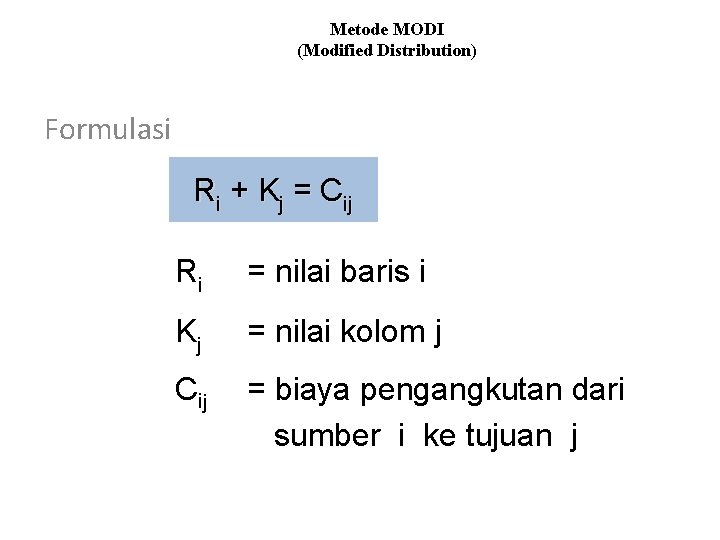 Metode MODI (Modified Distribution) Formulasi Ri + Kj = Cij Ri = nilai baris