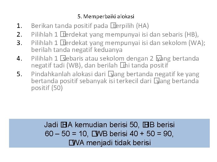 5. Memperbaiki alokasi 1. 2. 3. 4. 5. Berikan tanda positif pada � terpilih