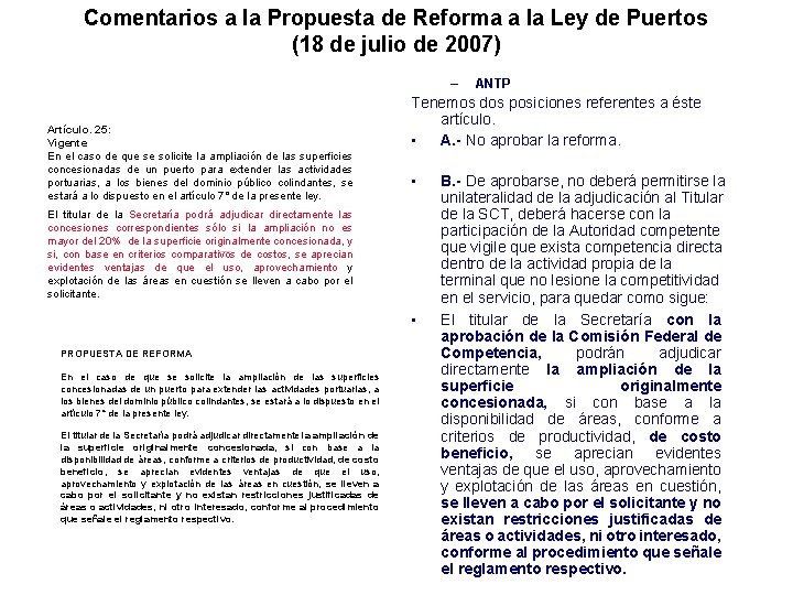 Comentarios a la Propuesta de Reforma a la Ley de Puertos (18 de julio