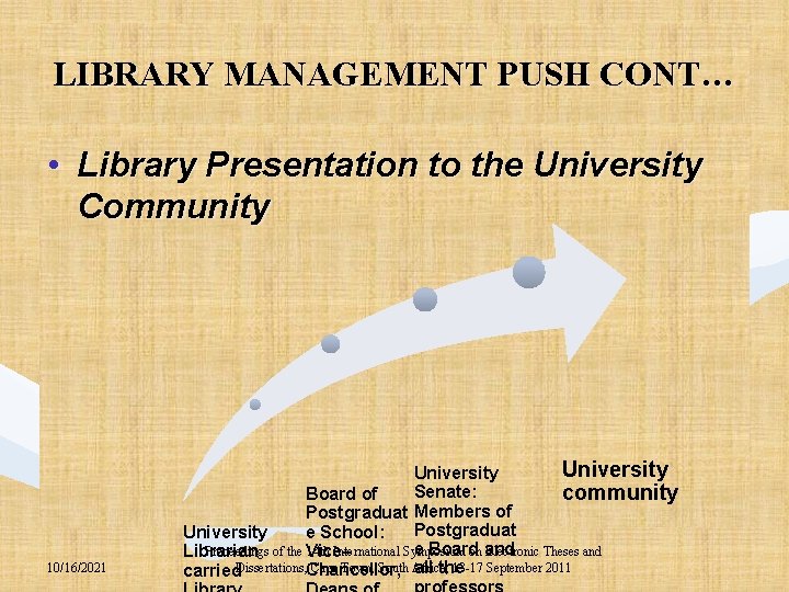 LIBRARY MANAGEMENT PUSH CONT… • Library Presentation to the University Community 10/16/2021 University Senate: