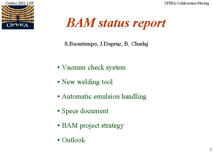 October 2002, LNF OPERA Collaboration Meeting BAM status report S. Buontempo, J. Dupraz, B.