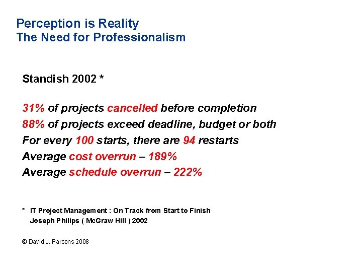 Perception is Reality The Need for Professionalism Standish 2002 * 31% of projects cancelled