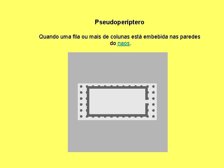 Pseudoperíptero Quando uma fila ou mais de colunas está embebida nas paredes do naos.