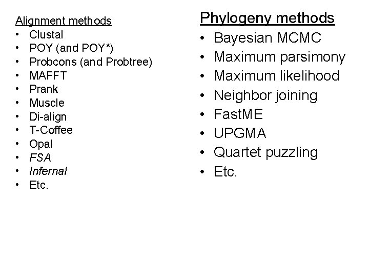 Alignment methods • Clustal • POY (and POY*) • Probcons (and Probtree) • MAFFT
