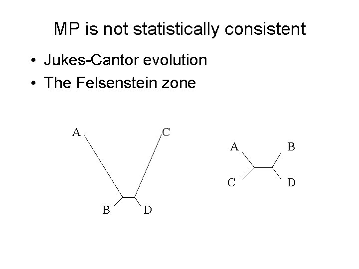 MP is not statistically consistent • Jukes-Cantor evolution • The Felsenstein zone A C