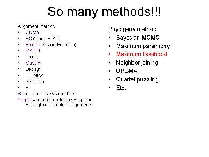 So many methods!!! Alignment method • Clustal • POY (and POY*) • Probcons (and