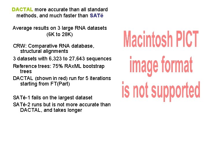 DACTAL more accurate than all standard methods, and much faster than SATé Average results