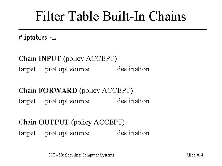 Filter Table Built-In Chains # iptables -L Chain INPUT (policy ACCEPT) target prot opt