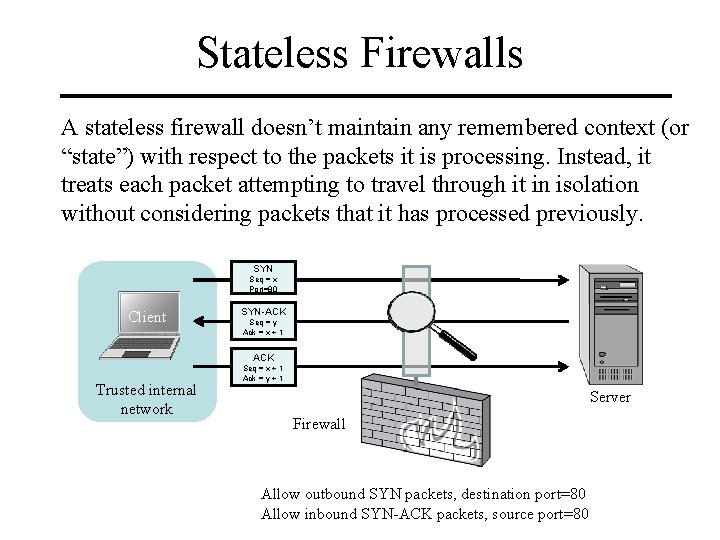 Stateless Firewalls A stateless firewall doesn’t maintain any remembered context (or “state”) with respect