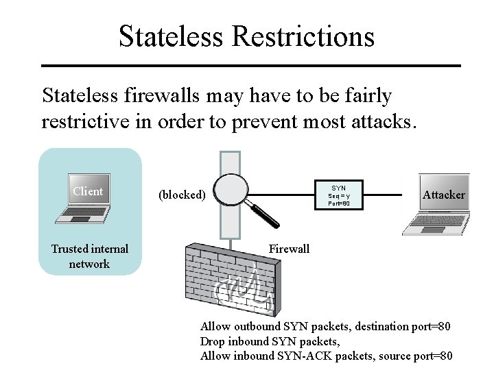 Stateless Restrictions Stateless firewalls may have to be fairly restrictive in order to prevent