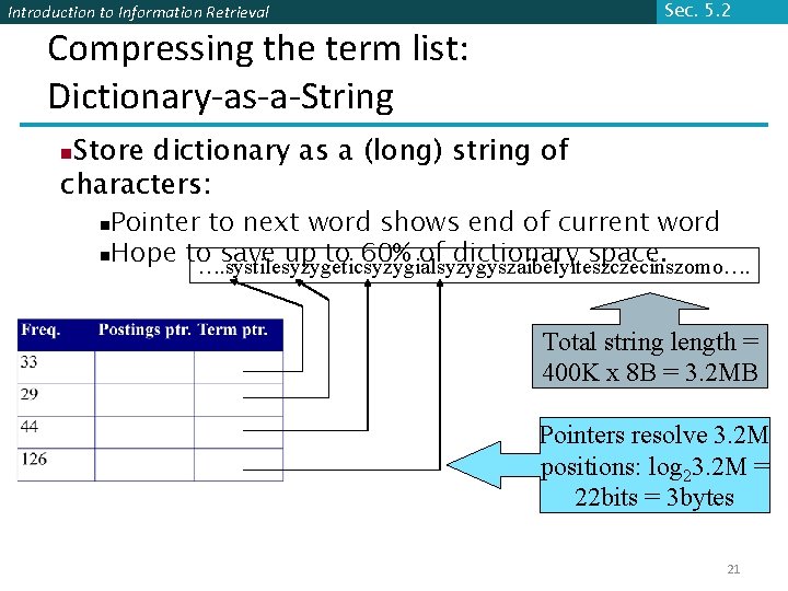 Sec. 5. 2 Introduction to Information Retrieval Compressing the term list: Dictionary-as-a-String Store dictionary