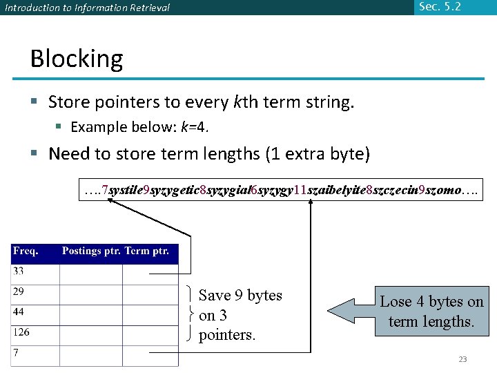 Sec. 5. 2 Introduction to Information Retrieval Blocking § Store pointers to every kth