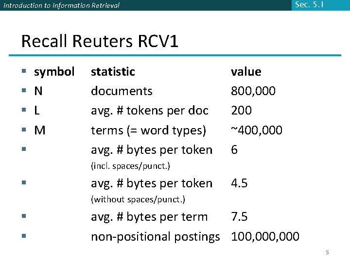 Sec. 5. 1 Introduction to Information Retrieval Recall Reuters RCV 1 § § §