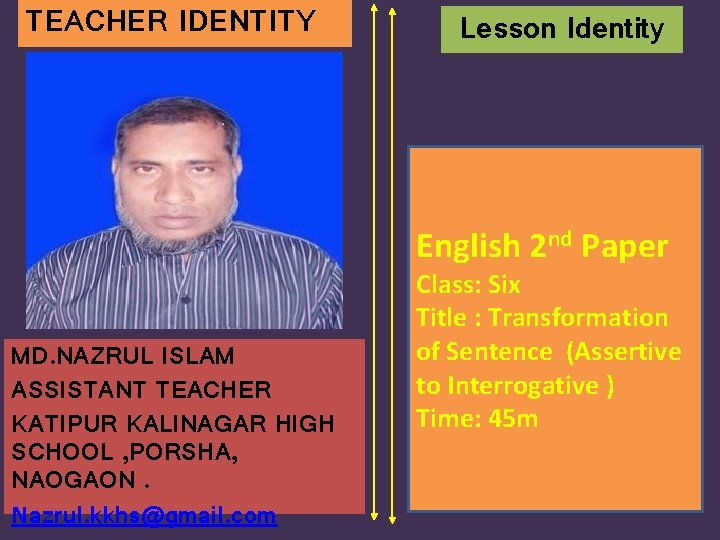 TEACHER IDENTITY Lesson Identity English 2 nd Paper MD. NAZRUL ISLAM ASSISTANT TEACHER KATIPUR