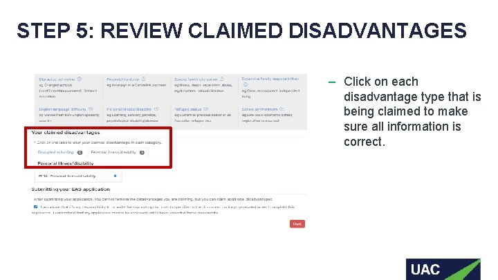 STEP 5: REVIEW CLAIMED DISADVANTAGES ‒ Click on each disadvantage type that is being