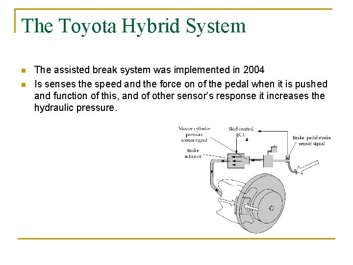 The Toyota Hybrid System n n The assisted break system was implemented in 2004