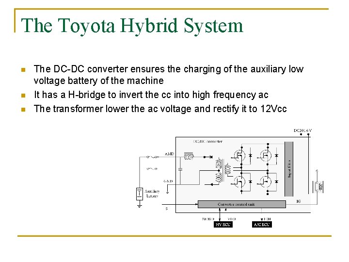 The Toyota Hybrid System n n n The DC-DC converter ensures the charging of