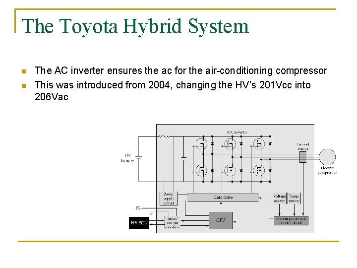 The Toyota Hybrid System n n The AC inverter ensures the ac for the