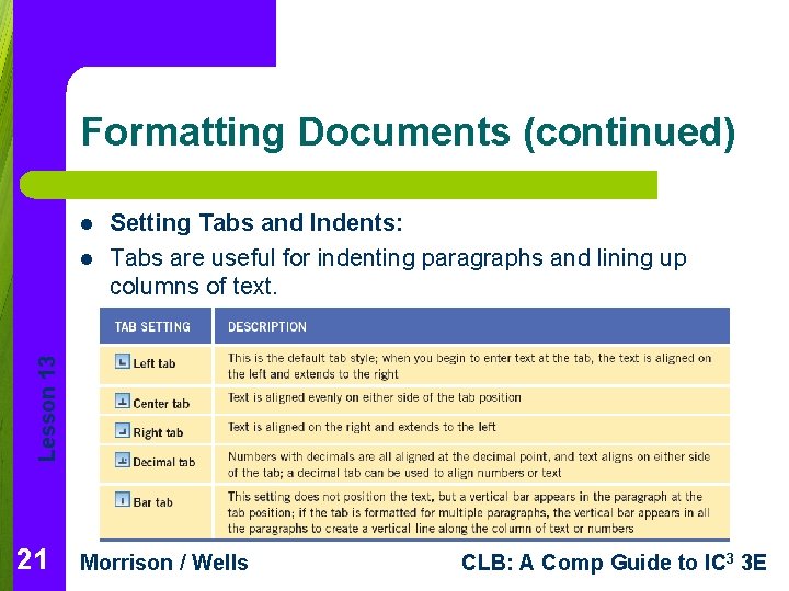 Formatting Documents (continued) l Lesson 13 l Setting Tabs and Indents: Tabs are useful