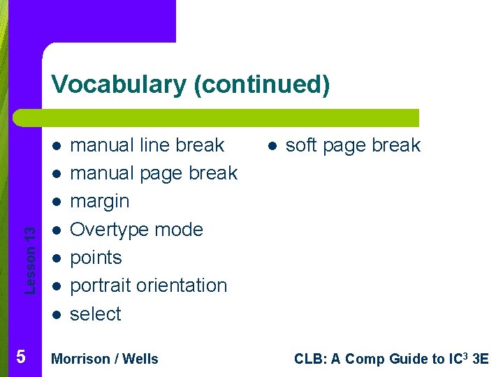 Vocabulary (continued) l l Lesson 13 l l l 5 manual line break manual