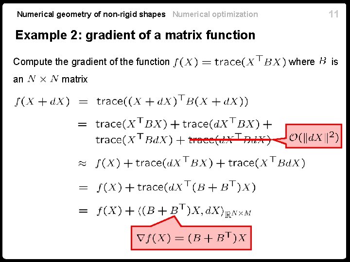 11 Numerical geometry of non-rigid shapes Numerical optimization Example 2: gradient of a matrix