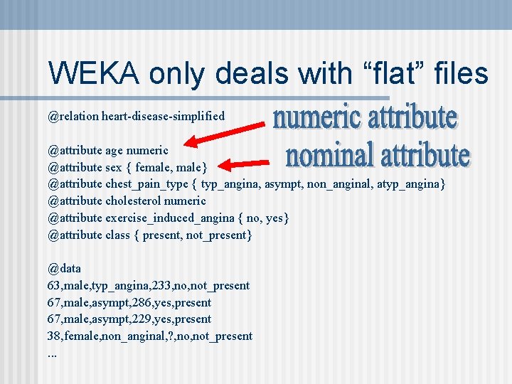 WEKA only deals with “flat” files @relation heart-disease-simplified @attribute age numeric @attribute sex {