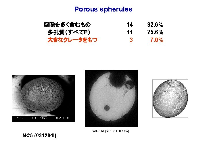 Porous spherules 空隙を多く含むもの 多孔質（すべてP） 大きなクレータをもつ NC 5 (031204 i) 14 11 3 cut/86. tif