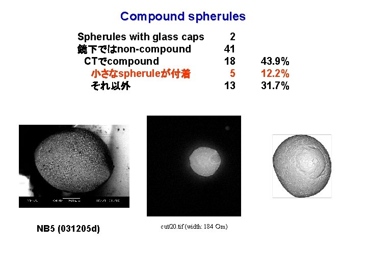 Compound spherules Spherules with glass caps 鏡下ではnon-compound CTでcompound 小さなspheruleが付着 それ以外 NB 5 (031205 d)