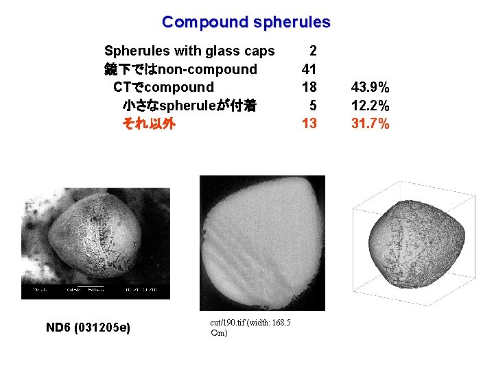 Compound spherules Spherules with glass caps 鏡下ではnon-compound CTでcompound 小さなspheruleが付着 それ以外 ND 6 (031205 e)