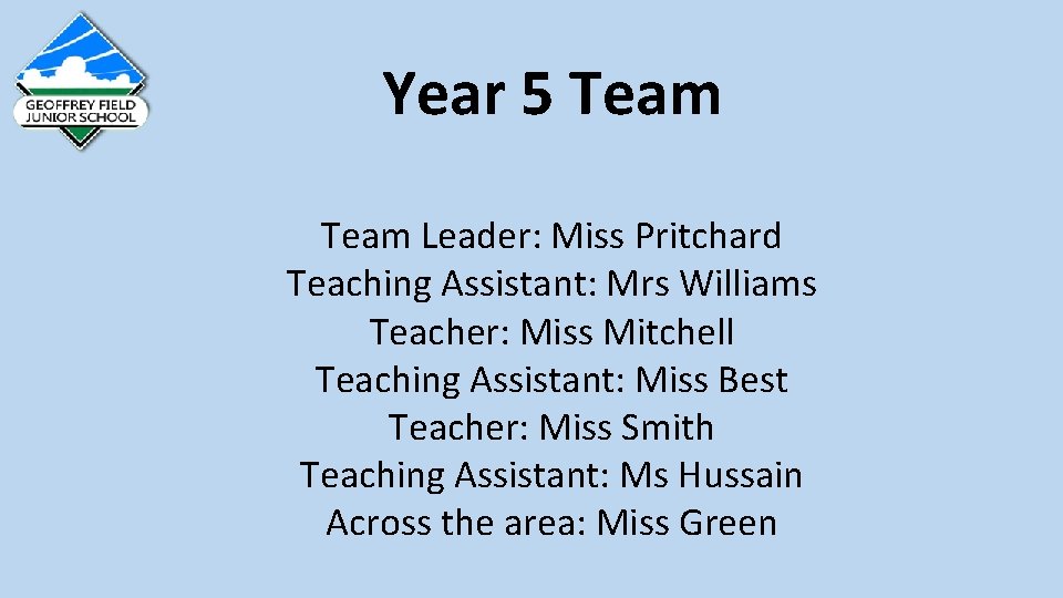 Year 5 Team Leader: Miss Pritchard Teaching Assistant: Mrs Williams Teacher: Miss Mitchell Teaching