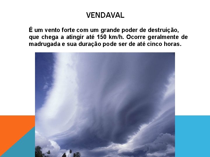 VENDAVAL É um vento forte com um grande poder de destruição, que chega a