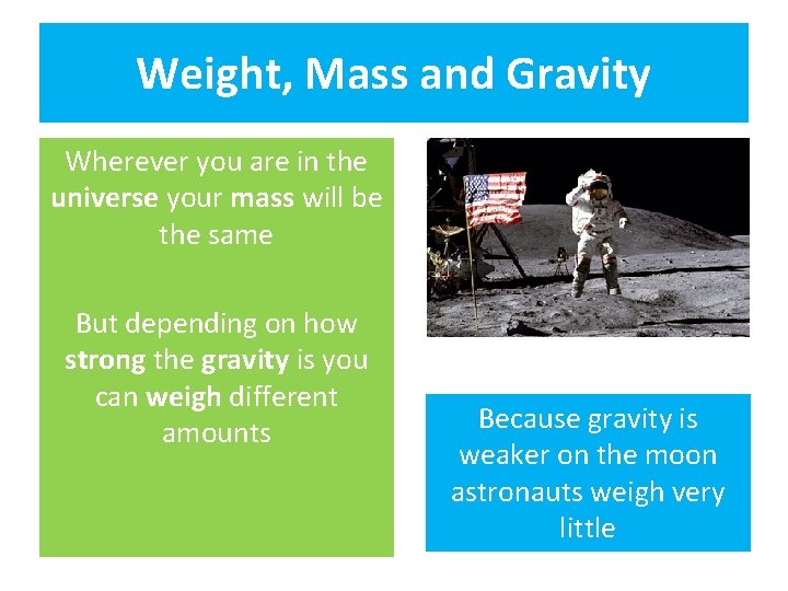 Weight, Mass and Gravity Wherever you are in the universe your mass will be