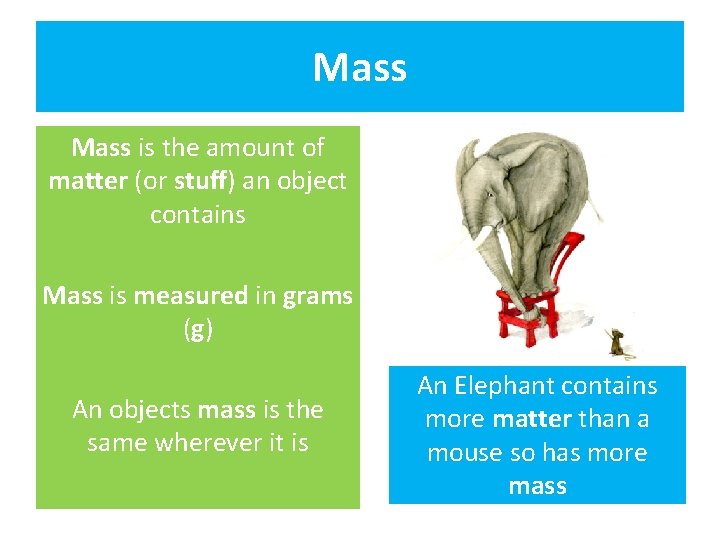 Mass is the amount of matter (or stuff) an object contains Mass is measured