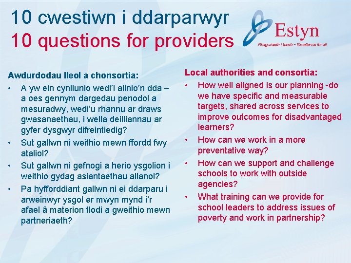 10 cwestiwn i ddarparwyr 10 questions for providers Awdurdodau lleol a chonsortia: • A