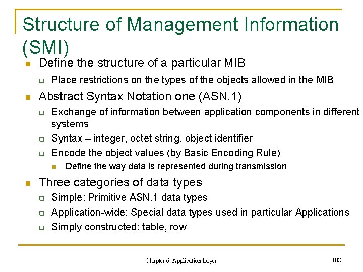 Structure of Management Information (SMI) n Define the structure of a particular MIB q