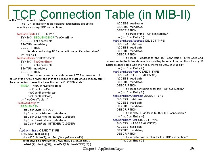TCP Connection Table (in MIB-II) -- the TCP Connection table -- The TCP connection