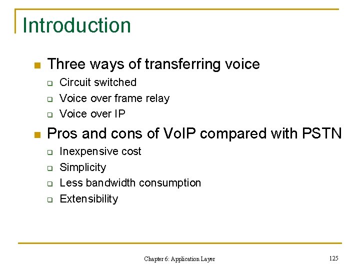 Introduction n Three ways of transferring voice q q q n Circuit switched Voice