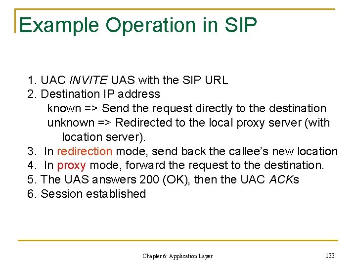 Example Operation in SIP 1. UAC INVITE UAS with the SIP URL 2. Destination