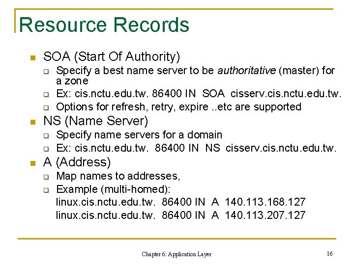 Resource Records n SOA (Start Of Authority) q q q n NS (Name Server)